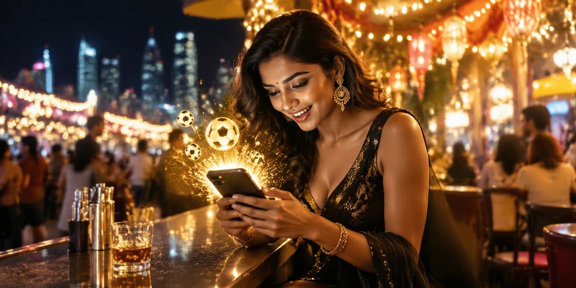 Indian night market with sports betting and neon lights